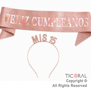 SET VINCHA MIS 15 Y BANDA FELIZ CUMPLEA�OS ROSA GOLD
